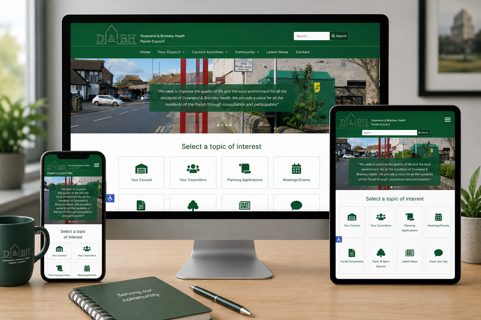 Responsive Downend & Bromley Heath Parish Council website displayed across desktop, tablet and mobile devices in a modern council office setting.
