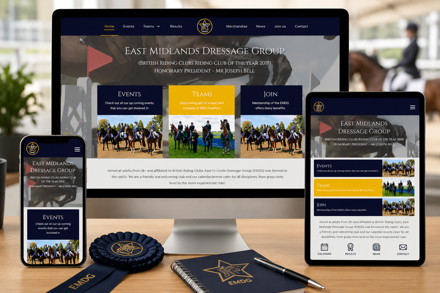 East Midlands Dressage Group responsive Joomla! website displayed across desktop, tablet and mobile devices overlooking Osberton Equestrian Centre.