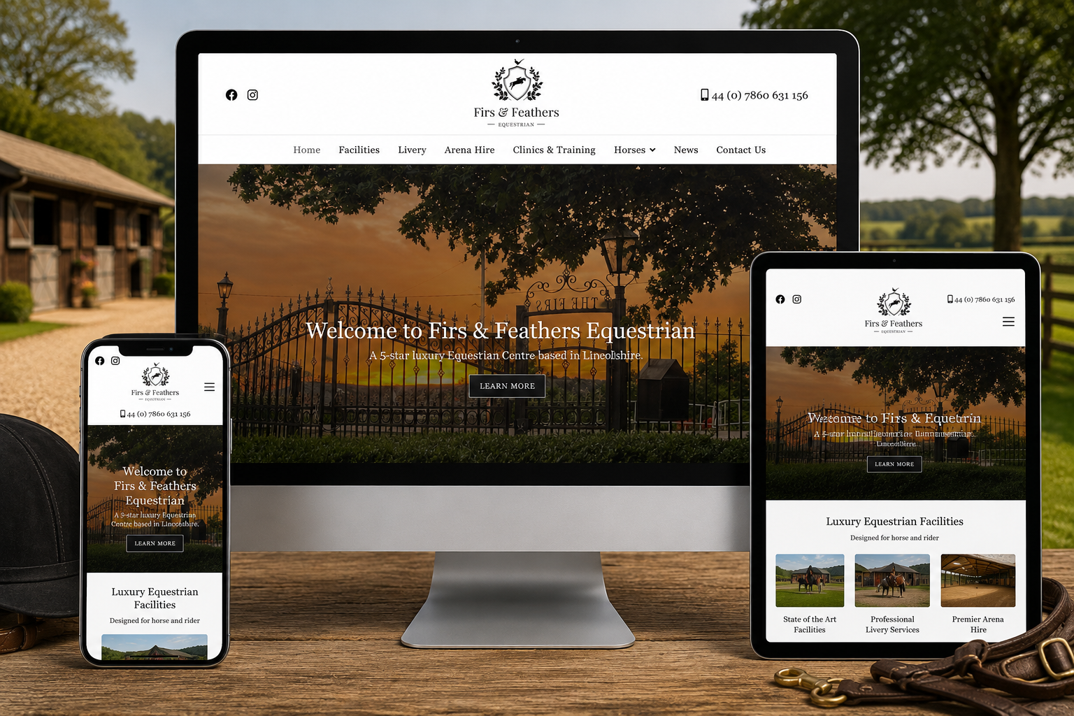 FFEQ responsive Joomla! website displayed across desktop, tablet and mobile devices in a premium equestrian environment.