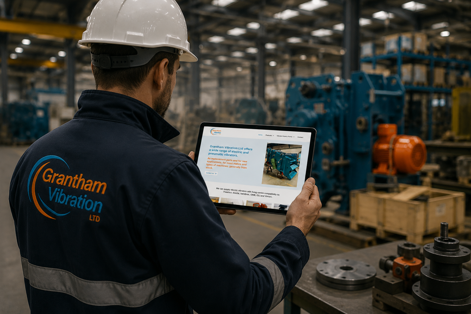 Grantham Vibration responsive Joomla! website displayed across a tablet in a modern industrial engineering environment.