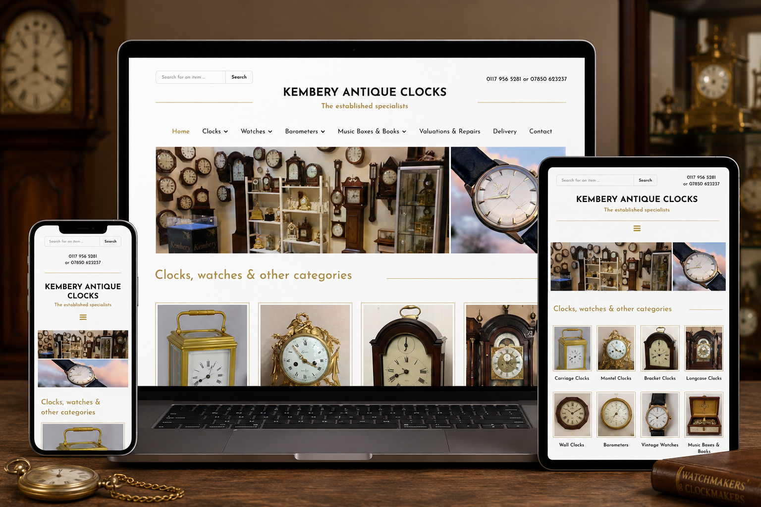 Kembery Antique Clocks responsive Joomla! website displayed across desktop, tablet and mobile devices in an elegant antique clock showroom.