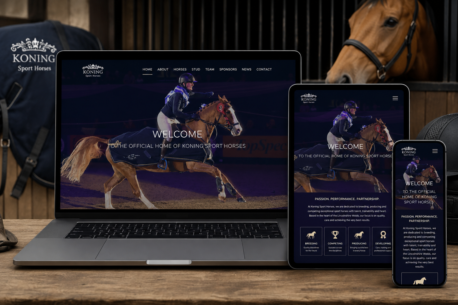 Koning Sport Horses responsive Joomla! website displayed across desktop, tablet and mobile devices in a premium equestrian yard setting.