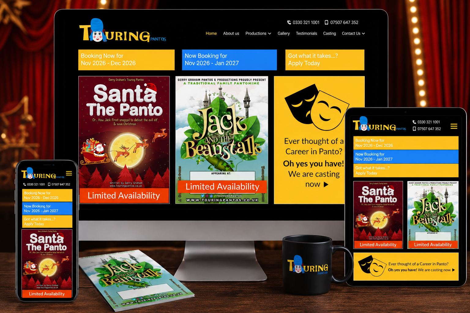 Responsive Touring Pantos website displayed on a desktop computer with a colourful theatre stage background.
