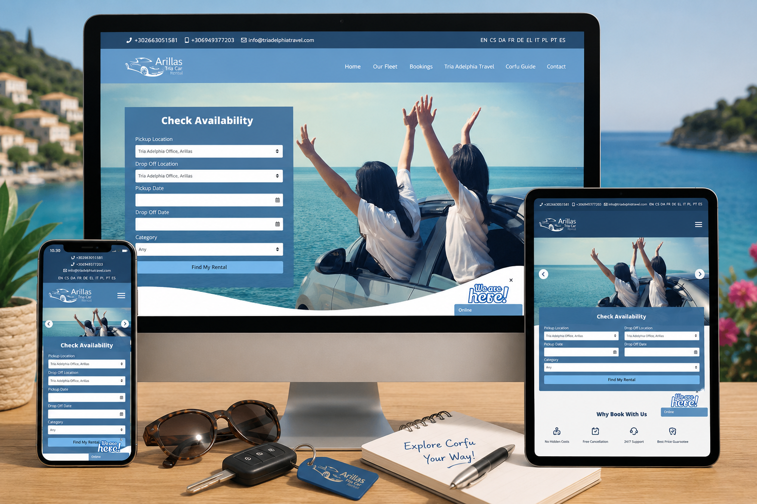 Responsive Arillas Tria Car Rental Joomla! website displayed across desktop, tablet and mobile devices overlooking the beautiful Corfu coastline.