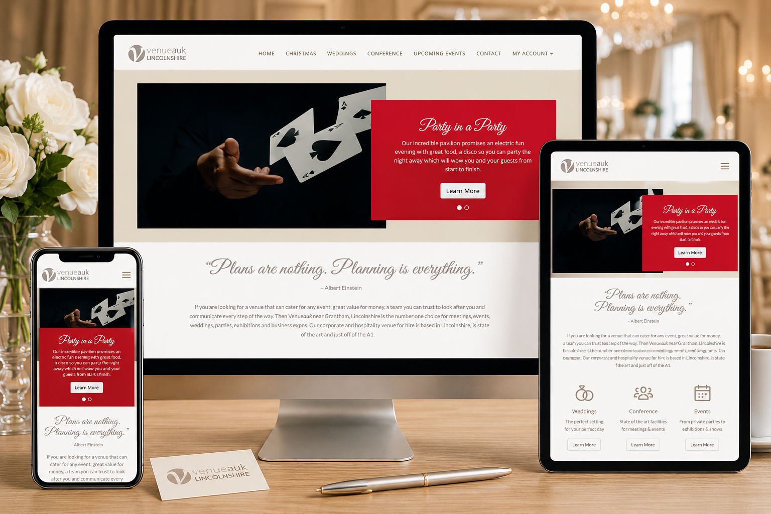 Responsive Venue AUK Joomla! website displayed across desktop, tablet and mobile devices within a luxury wedding and conference venue setting.