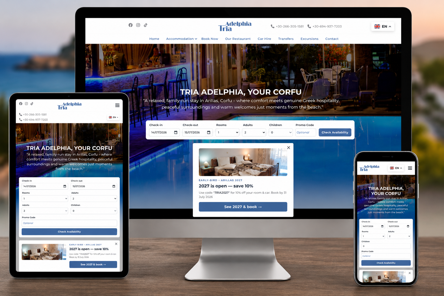 Responsive Tria Adelphia website displayed across desktop, tablet and mobile devices against a luxury Mediterranean holiday backdrop.